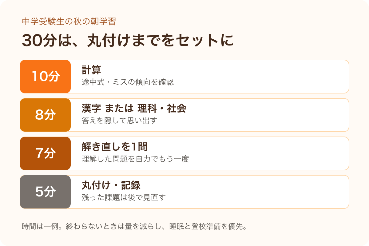 秋の朝学習30分の配分例。計算10分、漢字または理社8分、解き直し7分、丸付けと記録5分。